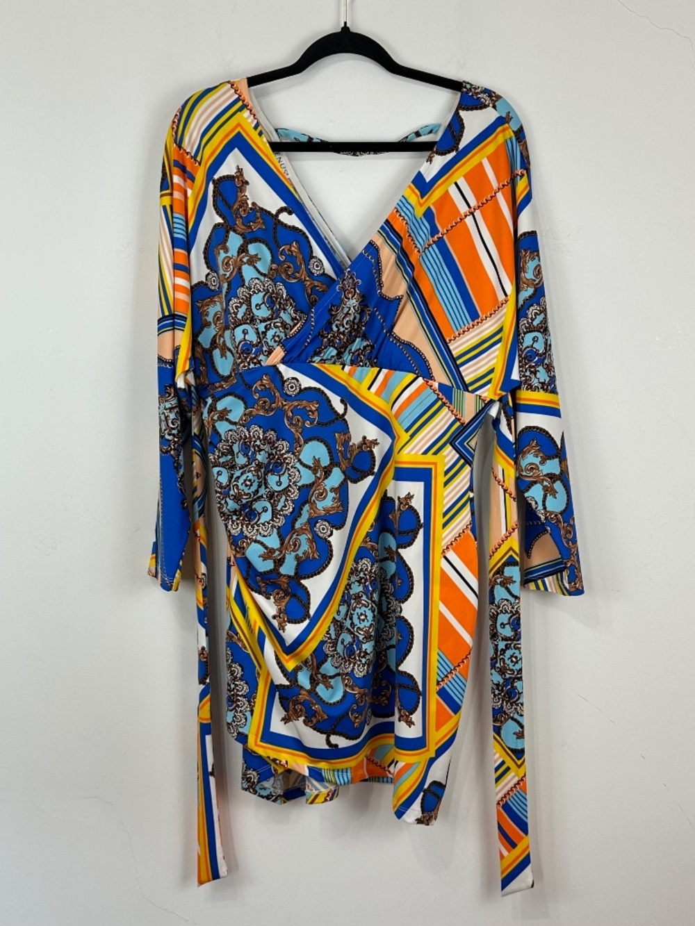 Venus Women's Faux Wrap Ruched Tie Back V-Neck Dress XL Colorful Beach